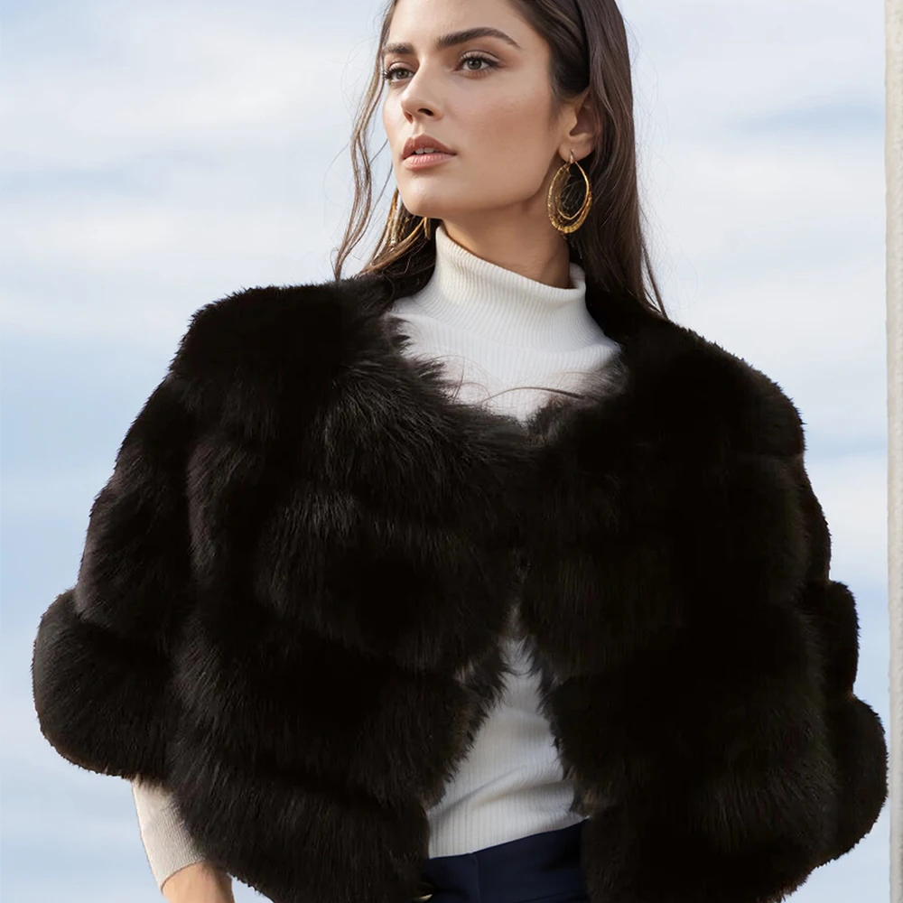 

Fashion Black Fox Fur Coat High Street Natural Raccoon Fur Jackets Women Luxury New Animal Fluffy Outerwear Plus Size Winter New