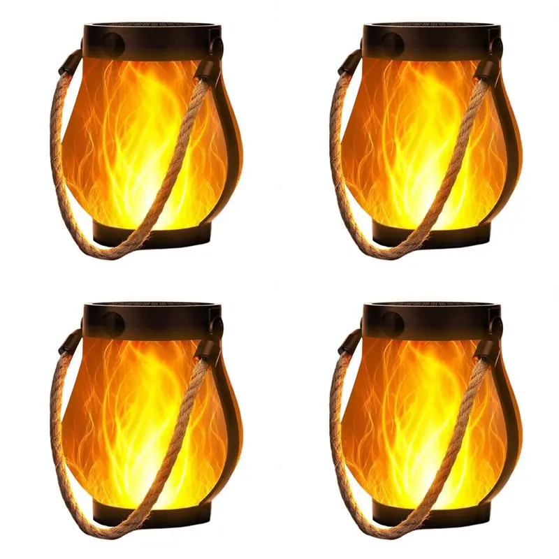 【ORNAMENT】4X Outdoor Lanterns Flickering Flame Garden Lights With Dual Charging USB & Solar Outdoor Waterproof Hanging Lantern
