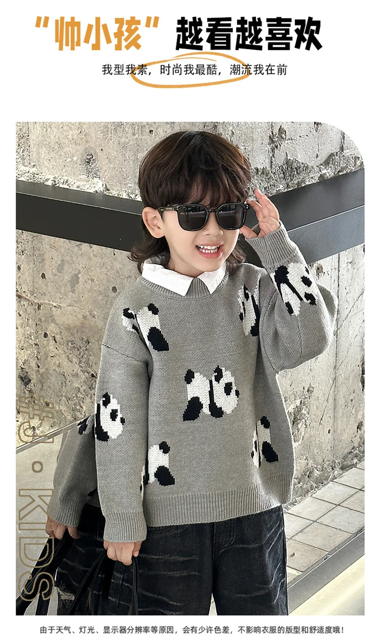 Koreanische Niedliche Kinder-Panda-Pullover mit Cartoon-Drucken, Strickwaren für Jungen, Graue Panda-Kostüme, Kinder-Strickkleidung für Alter 2 3 5 7 9 11 Jahre – Detail 2