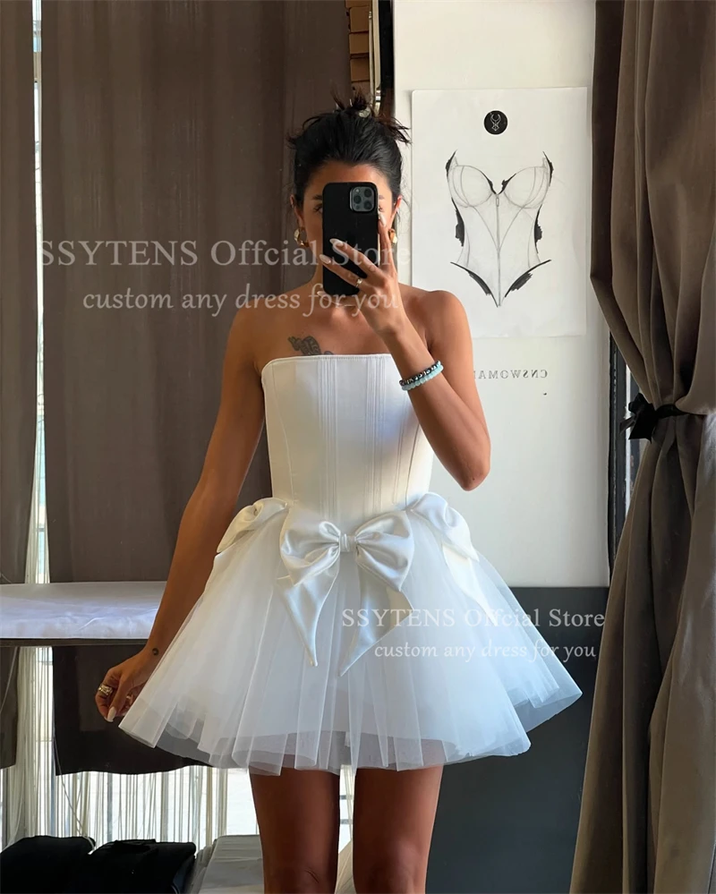 SSYTENS Mini Wedding Dresses for Women Strapless Short A Line Robe De Mariée White Satin Bow Puffy Vestido Para Mujer Customized
