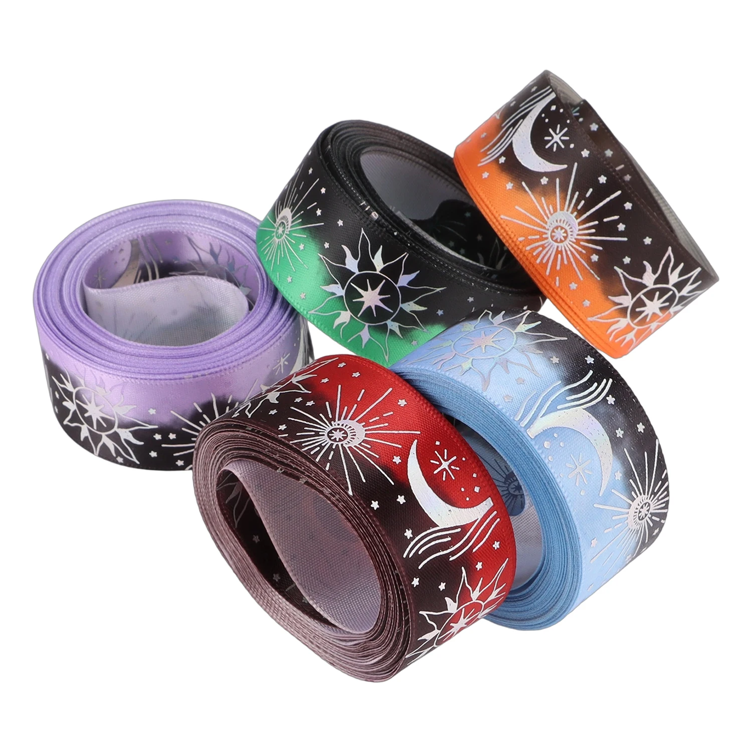 5 YardsX2.5cm Single Sided Gradient Laser Hot Silver Star Moon Ribbon for Gift Wrapping Ramadan Decoration Craft Supply