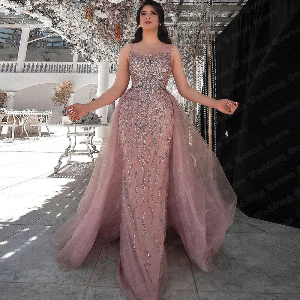 

Dubai Luxury Pink Tulle Formal Wedding Evening Dresses For Woman Sleeveless Detachable Train Party Gown 2022 Custom Backless