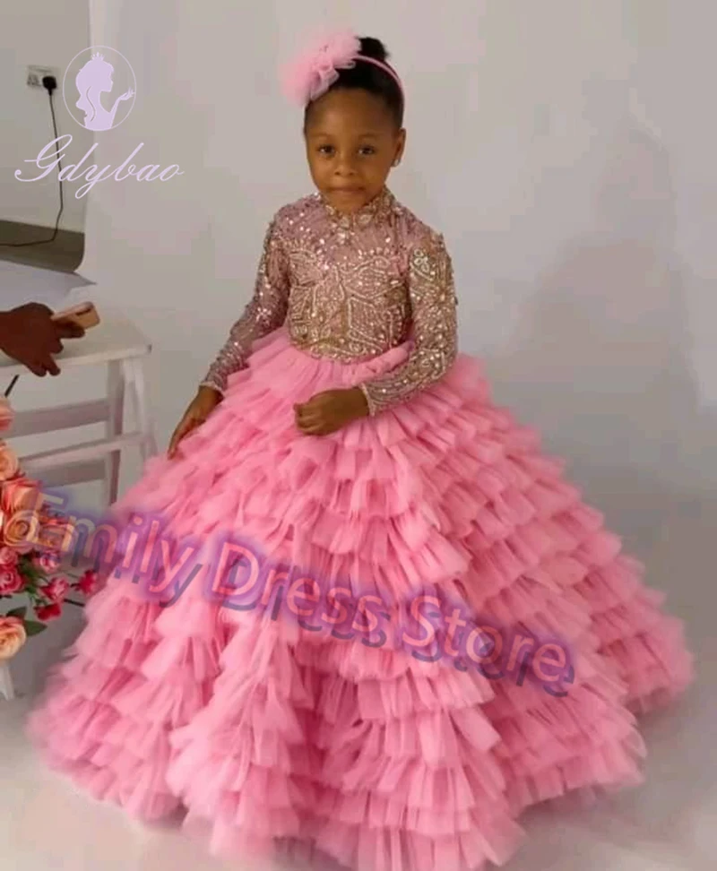 

Customized Pink Layered Flower Girl Dress For Wedding Full Sleeves Tulle Beaded Luxury Puffy Kids Birthday First Communion Gown