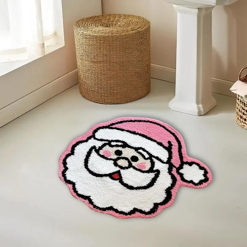 VIKAMA Christmas Santa Shaped Faux Cashmere Mat Pink Hat White Beard Print Non Slip Mat For Bathroom Entry Bedroom Home Decor