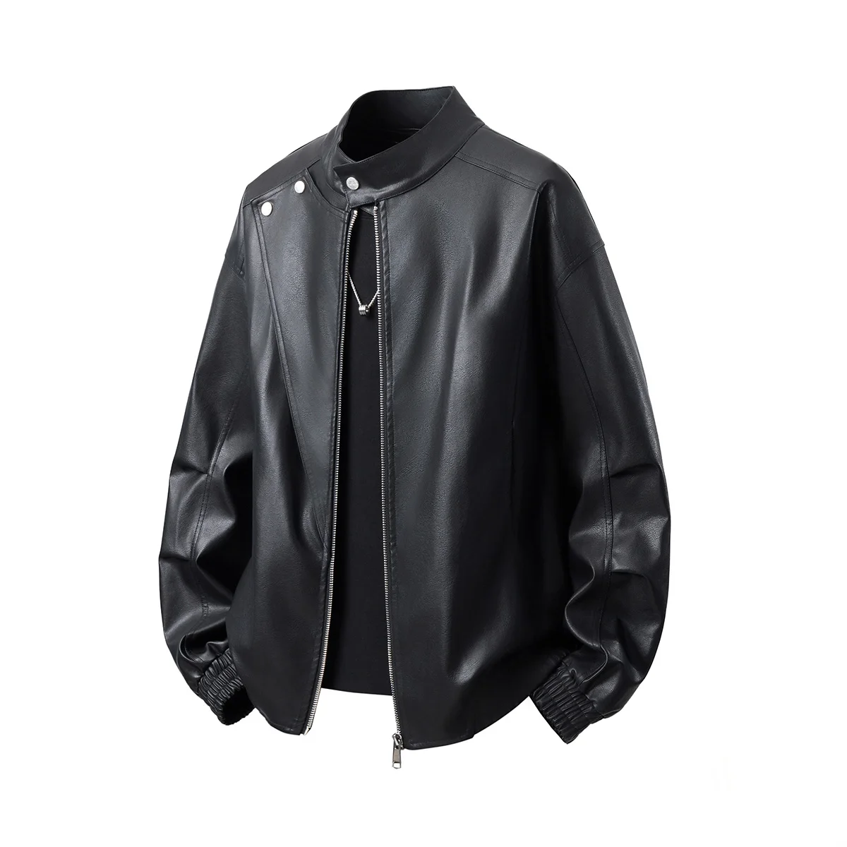 

American Style Men's Stand Collar Moto Biker Jacket Pu Leather Jackets Trend Streetwear Motorcycle Black Loose Outwear Coat Man