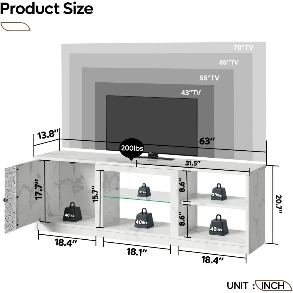 63-Inch LED TV Stand for 70/55/65 Inch TV, White Gaming Entertainment Center with Cabinet, Modern Media TV Console with Adjustab