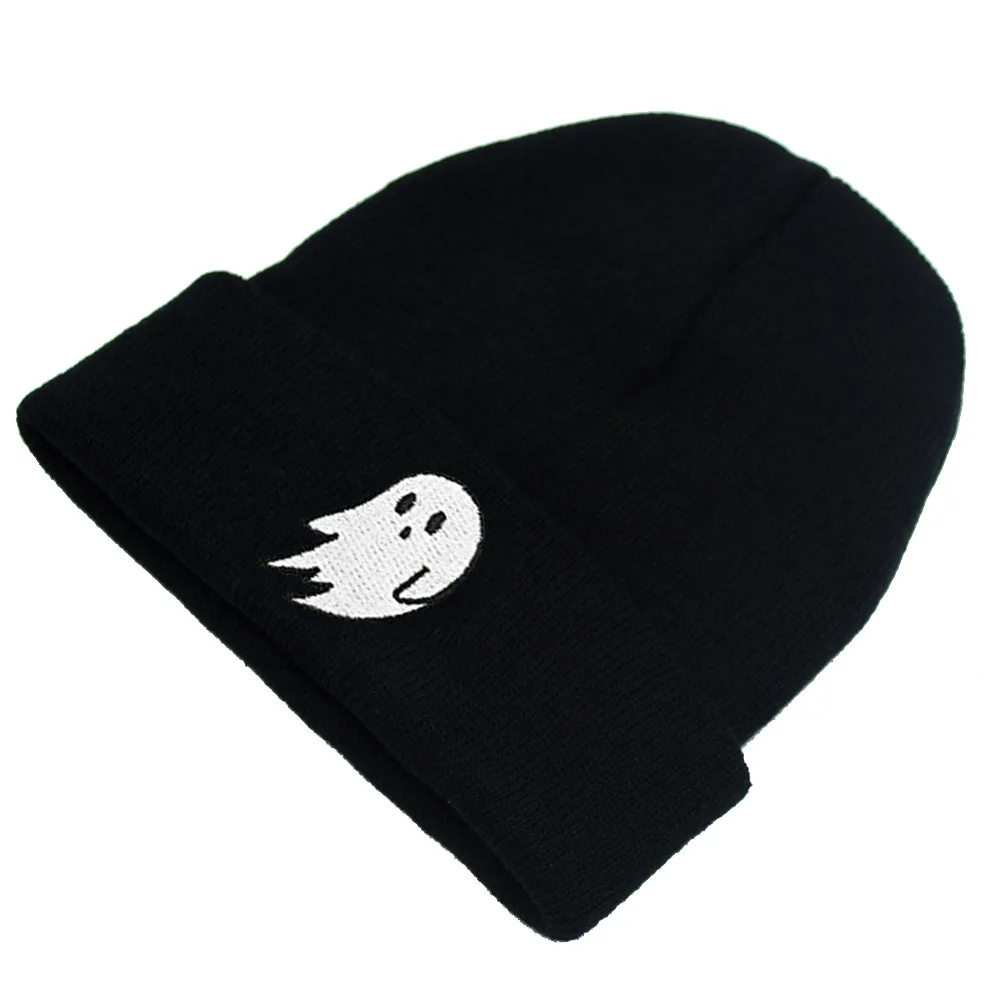 1-piece men's black bean hat Halloween ghost embroidery acrylic soft winter hat