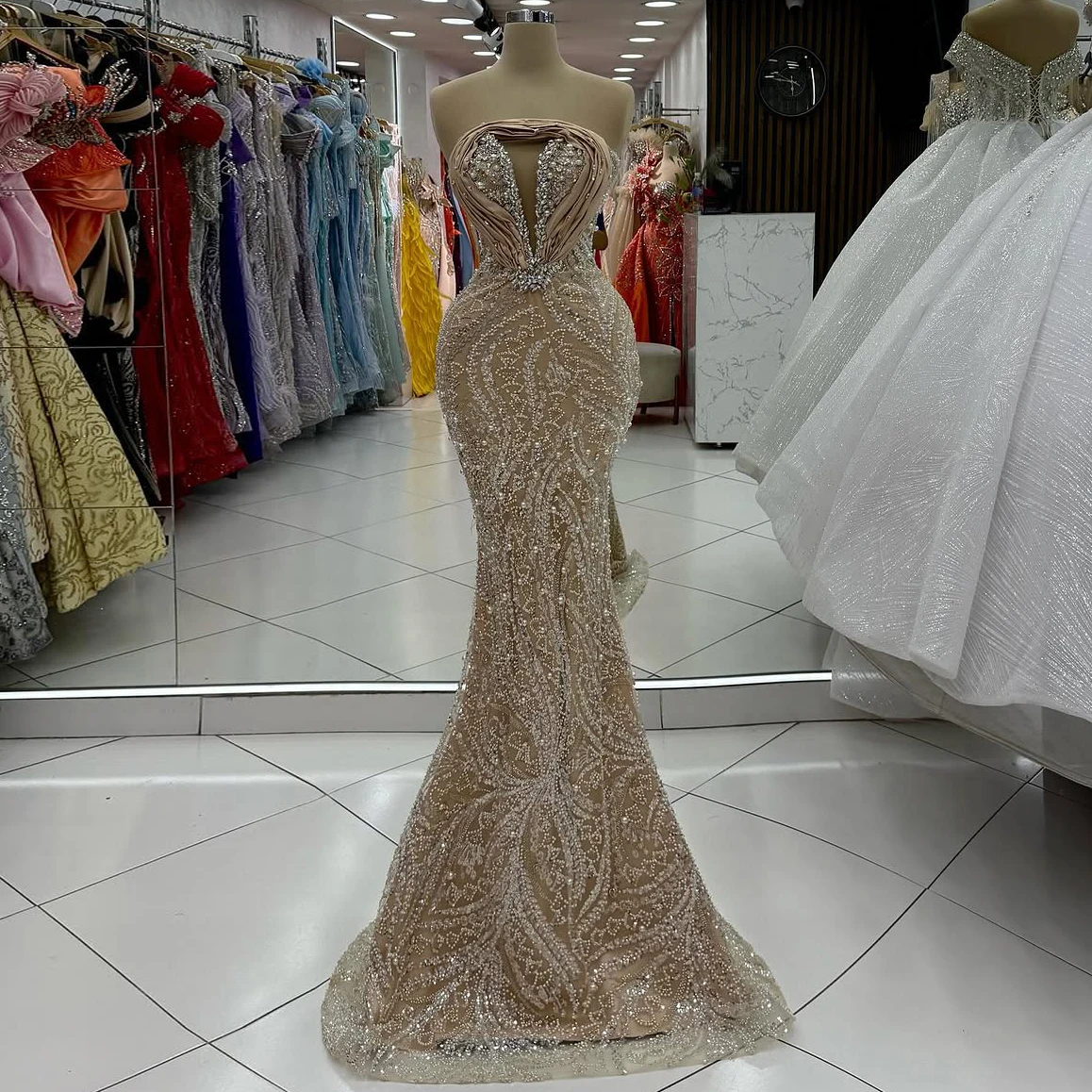 

Evening gown deep V-neck strapless evening dress crystal sequin pearl fishtail dress brown dress special occasion customizable