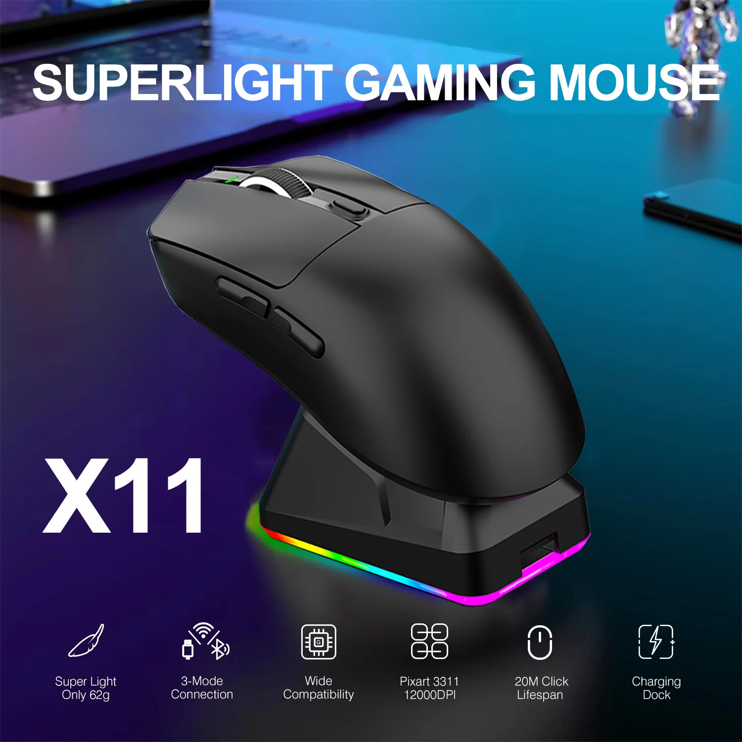 

Беспроводная сверхлегкая игровая мышь X11, трехрежимное соединение, 2,4G/проводная/Bluetooth PAW3311, 12000 точек на дюйм, RGB, магнитная зарядная док-мышь