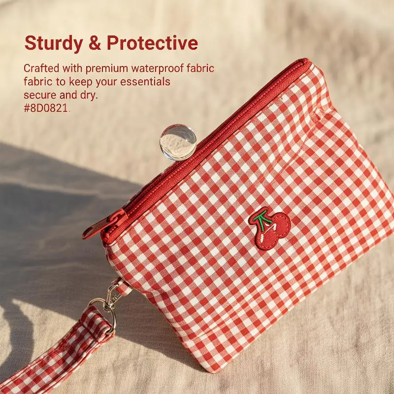 Red Cherry Plaid Canvas Makeup Bag Fashion Large Capacity Cosmetic Lipstick Storage Pouch New Multi Function Card Coin Purse