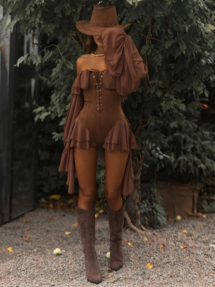 Weird Puss Rüschenrand Elegantes Bodysuit-Kleid für Damen, Mesh-Patchwork, schräger Ausschnitt, ausgestellte Ärmel, Geburtstagsparty-Stil, Mini-Bodycon – Detail 14