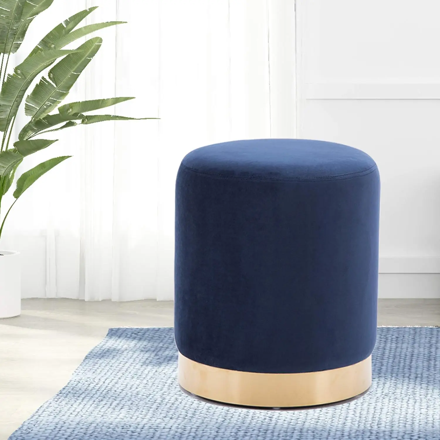 

Modern Round Velvet Ottoman,Upholstered Make-Up Short Stools With Gold Plating Base,Foot Stool For Living Room,Pa Of 1,Blue