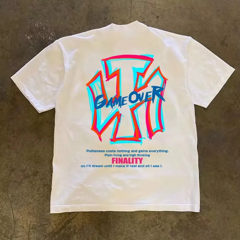 US Oversized Y2K Arcade Graphic Tee Game Over Neon Lettering Back Print S to 3XL Plus Size Retro Gaming Unisex Summer White Short Sleeve T-Shirt