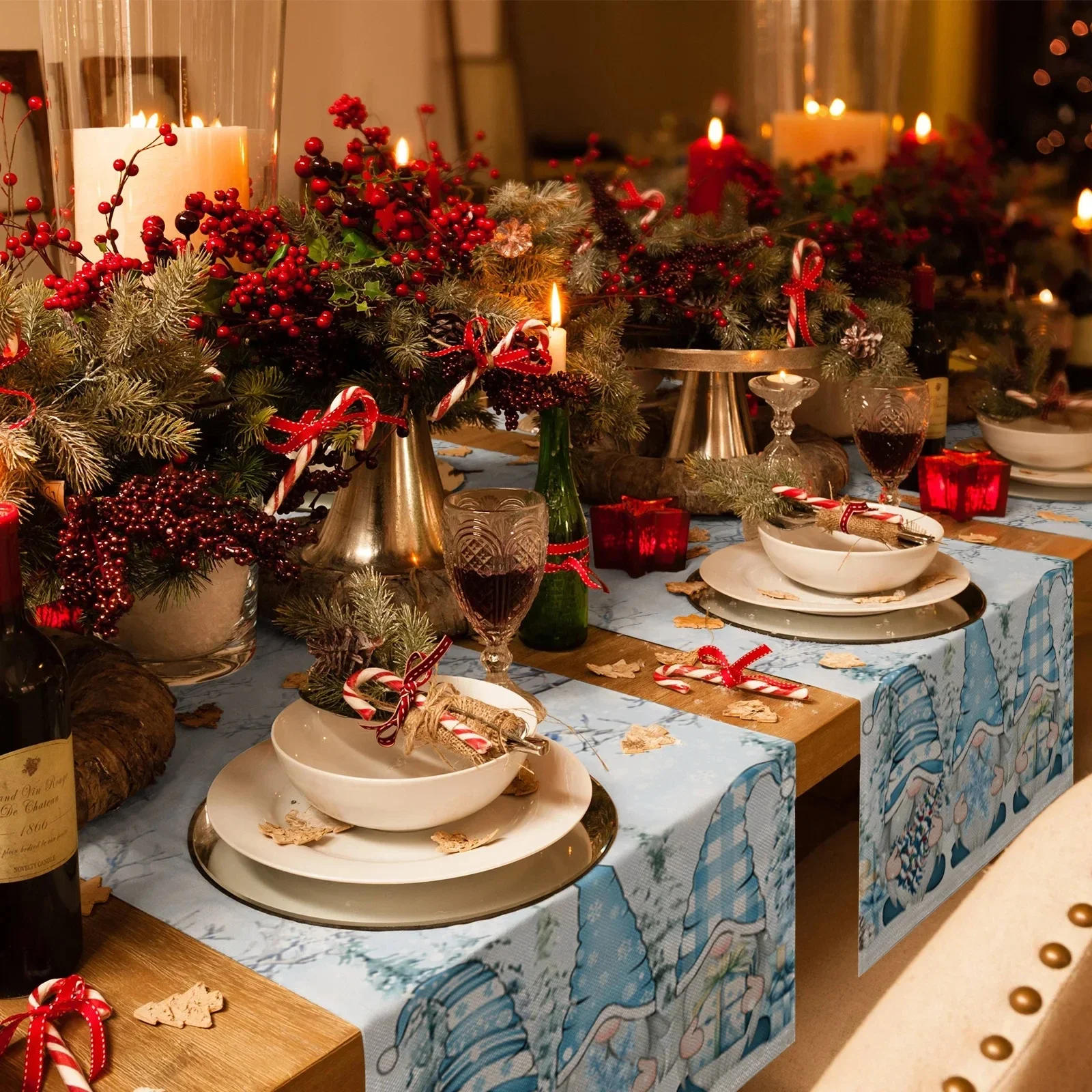 Christmas Blue Gnome Snowflake Linen Table Runners Party Decor Reusable Winter Xmas Dining Table Runners Christmas Decorations