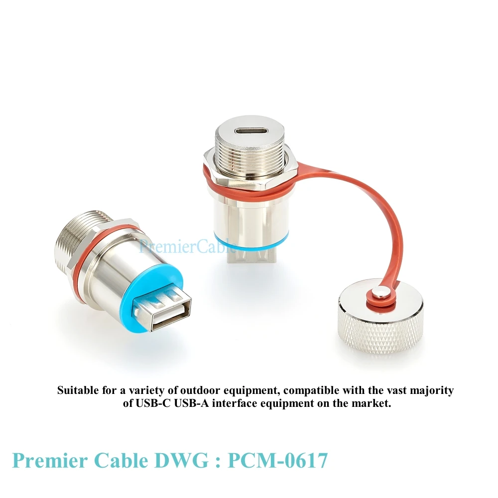 Ruggedized USB 2.0 Type C Panel Mounting IP68 Waterproof Connector Rugged USB C to A Connector Panel Mount with Dust Cap