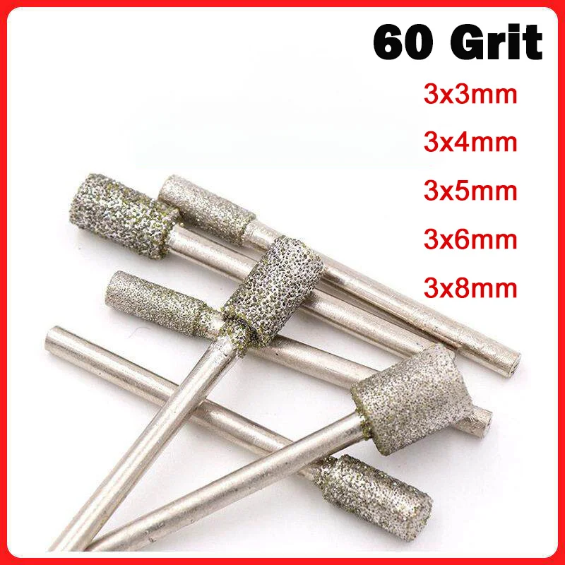 3/5/10Pcs 60 Grit Cylindrical Diamond Grinding Head 3mm Shank for Stone Jade Carving Engraving Drill Bit Dremel Rotary Tools