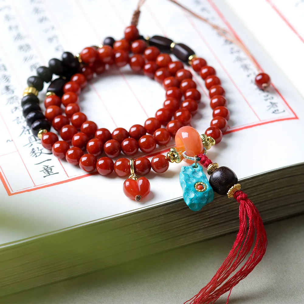 

Hand-strung South Red Agate Necklace Retro-Chic Turquoise-Style Pendant Buddhist Prayer Beads Peach-Print Sweater Chain