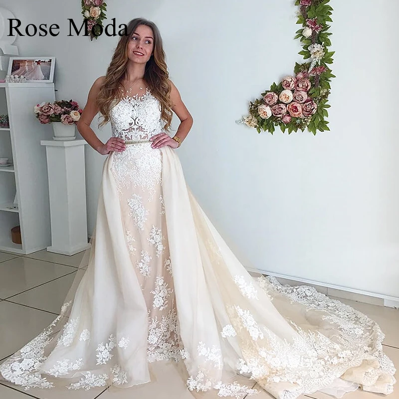 

Rose Moda Ivory and Champagne Lace Wedding Dresses with Removable Long Train Custom Make