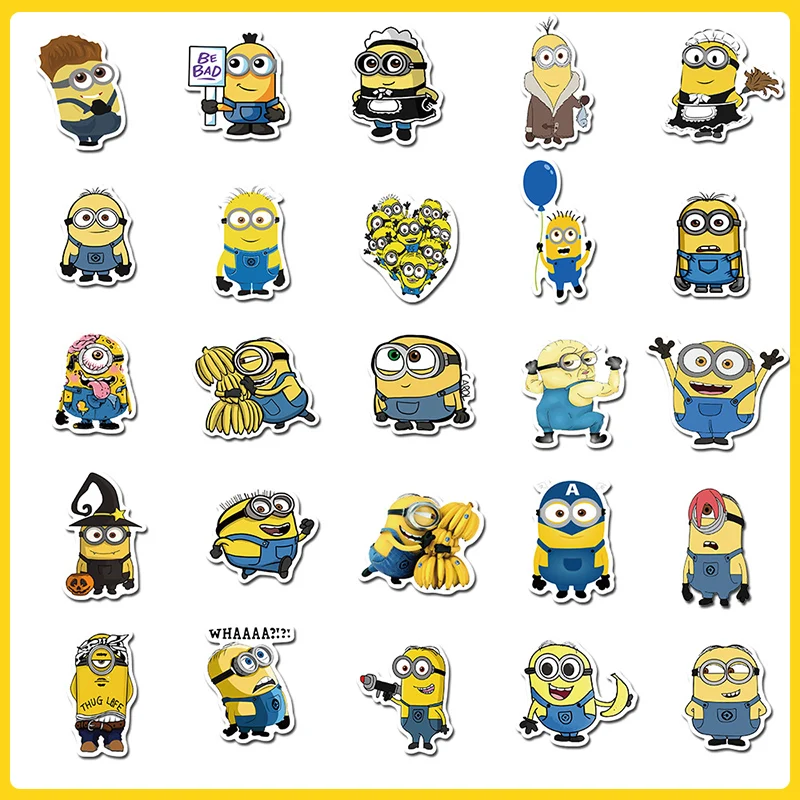 50Pcs Minions Stickers Figures Kevin Bob Stuart Waterproof Decals Diy Laptop Skateboard Phone Bottle Luggage Decoration Kid Toy