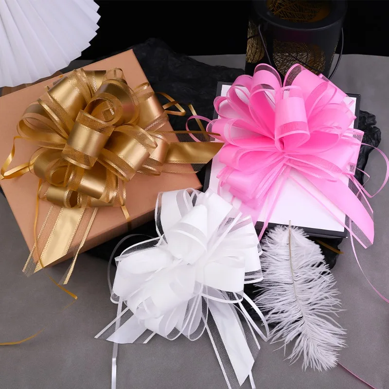 5/1pcs Golden Pull Bow Tulle Ribbon Bows Wedding Party Cars Birthday Christmas Presents Gift Decoration Gold Wedding Bowknot