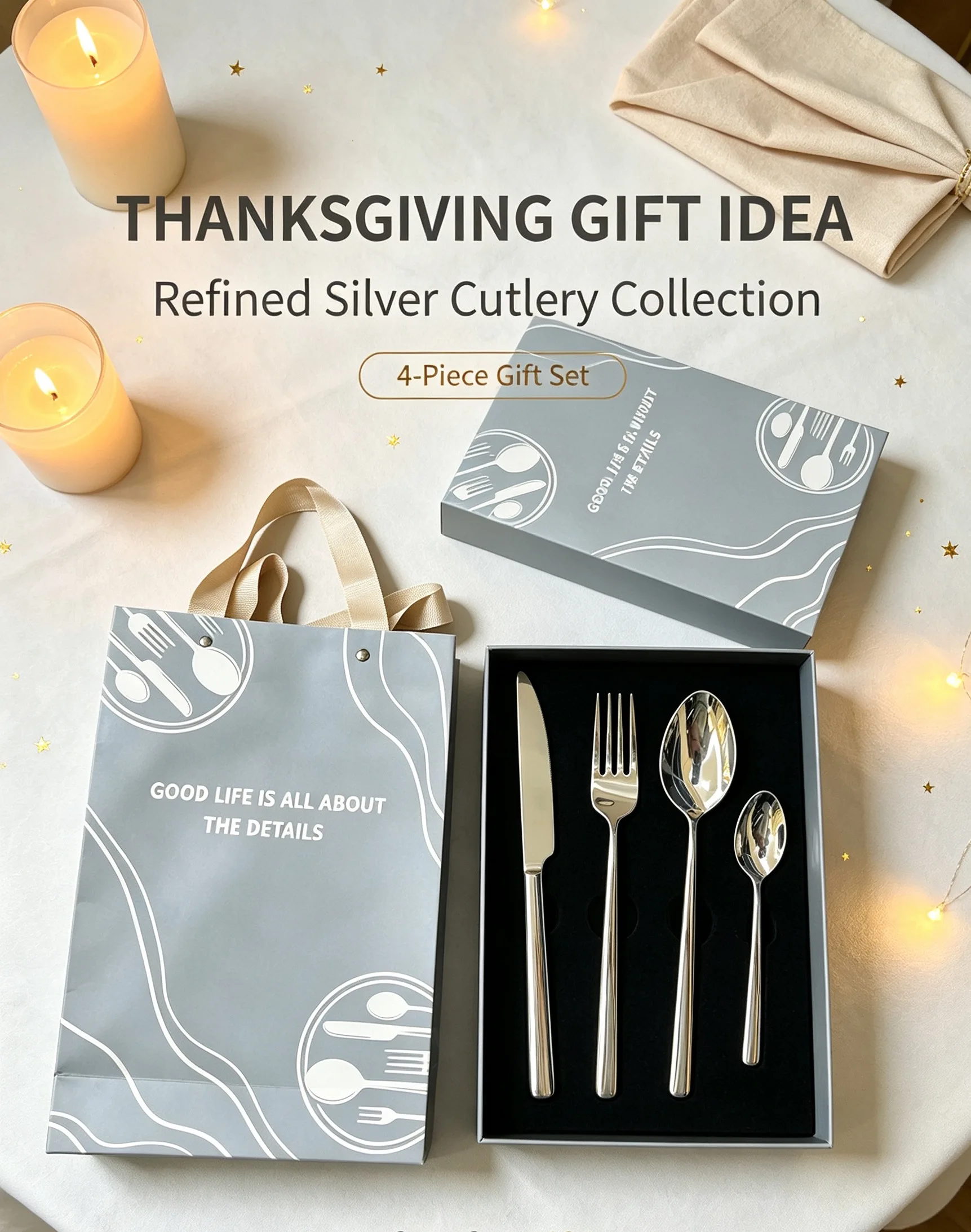 Elegant 420/304 Stainless Steel 4Pcs Cutlery Set Thin Smooth‑Handled Tableware Gift Box for Festival Gatherings & Presents