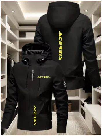 Men's Off-Road Motorcycle Style Hooded Jacket BIS Bright Yellow Logo Print Windproof Versatile Casual Functional Jacket
