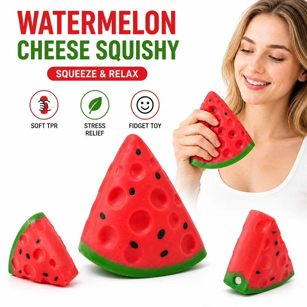New TPR Watermelon Squishy Toy Watermelon Pattern Red Squeeze Toy Triangle Shape Soft Squeeze Triangle Cheese Squishy Fidgeting