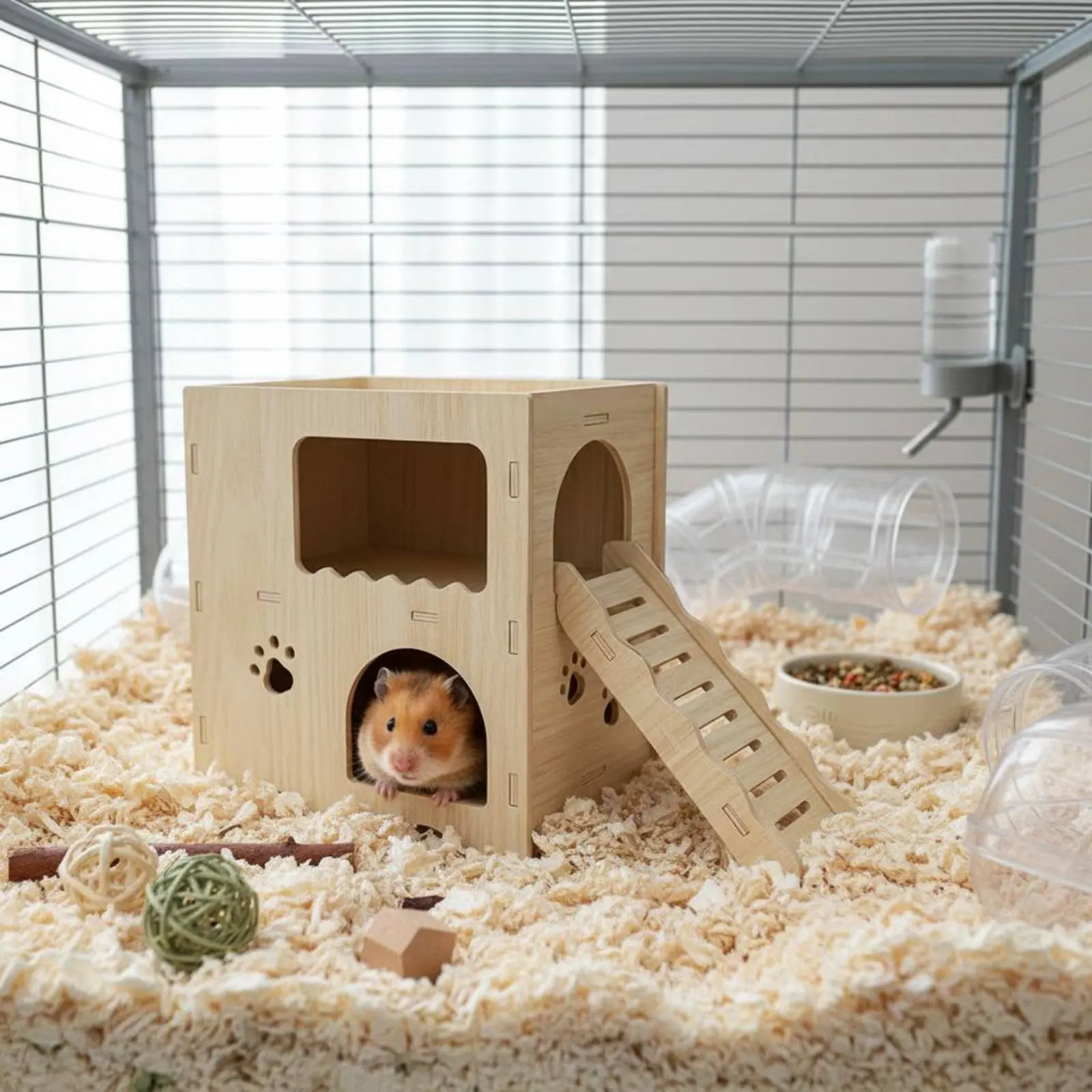 

Wooden Hamster House with Ramp Multitier Design Two-Story Hamster Hideout for Pet Terrarium