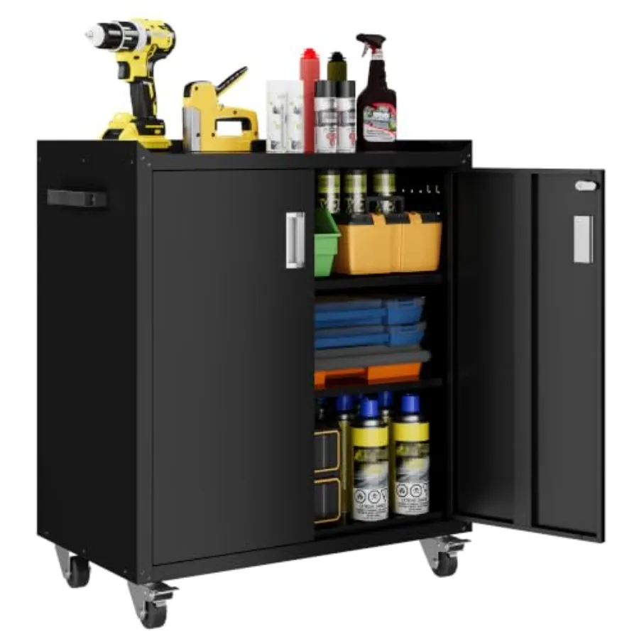 Metal Storage Cabinet with Wheels - Lockable, Rolling Tool Cabinet for Home, Office, Garage and Workshop - Black