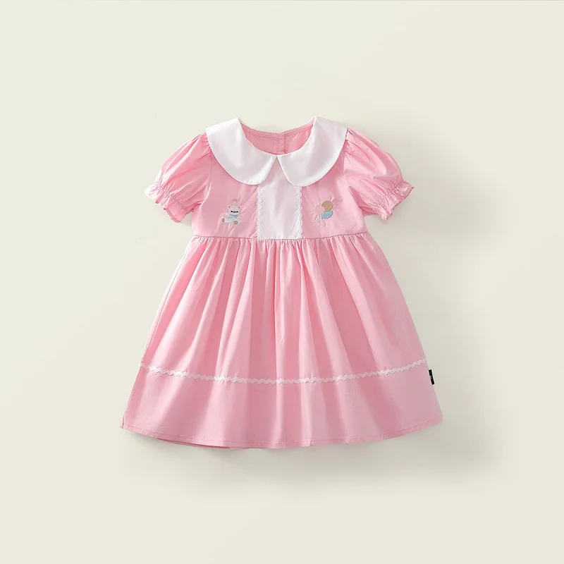 

Summer Baby Girls Cotton Embroidery Peter Pan Coallr Puff Sleeves Dress Kids Princess Dress Children's Daily Outfit Skirt 1-10Yr