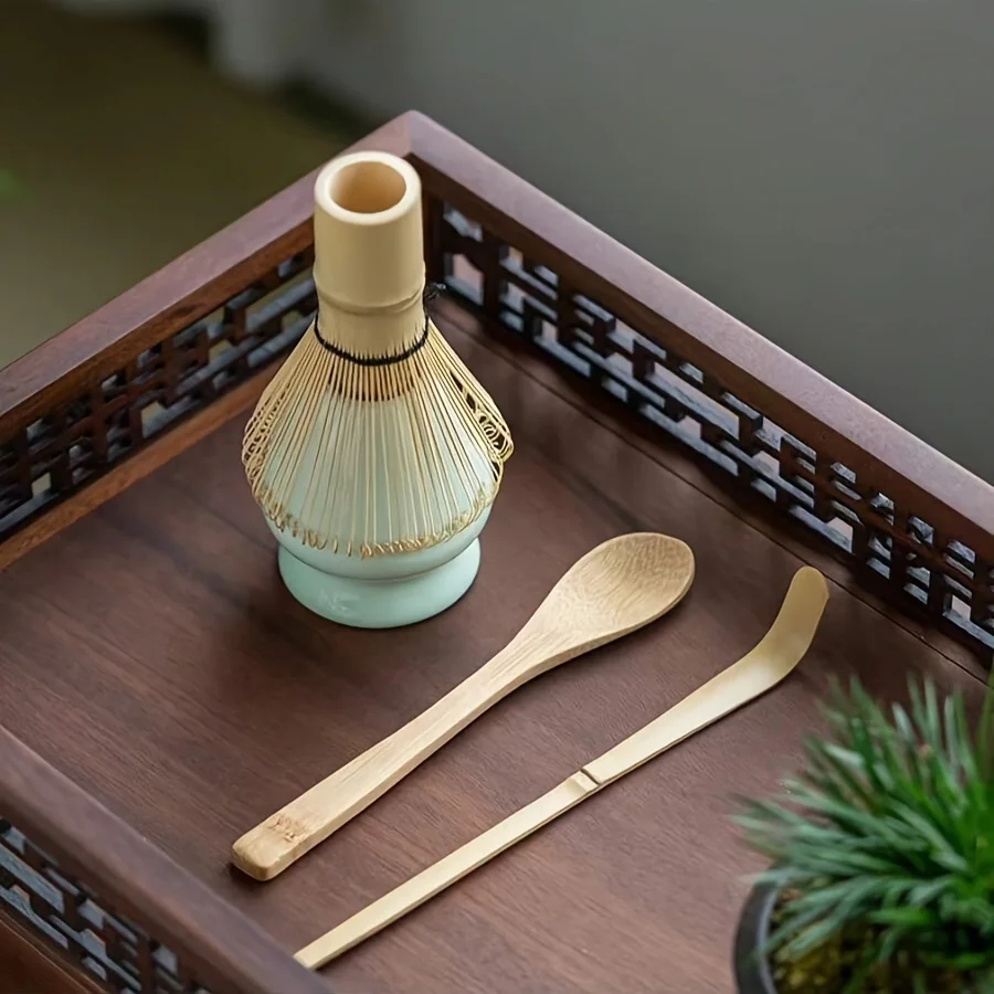 4pcs/set Matcha Set Bamboo Whisk Tea Spoon Ceramic Fittings Matcha Whisk (Chasen) Tea Spoon and Scoop (Chashaku) Tea-making Tool