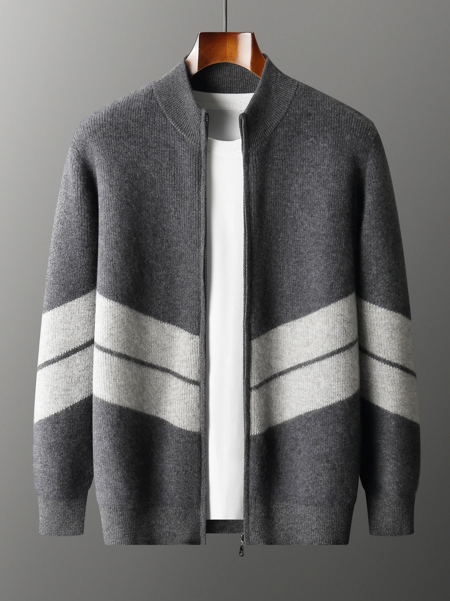 TLOML Men 100% Merino Wool Knitwear Thick Stand Collar Color Block Zip Cardigan Autumn Winter Cashmere Sweater Casual Thick Coat