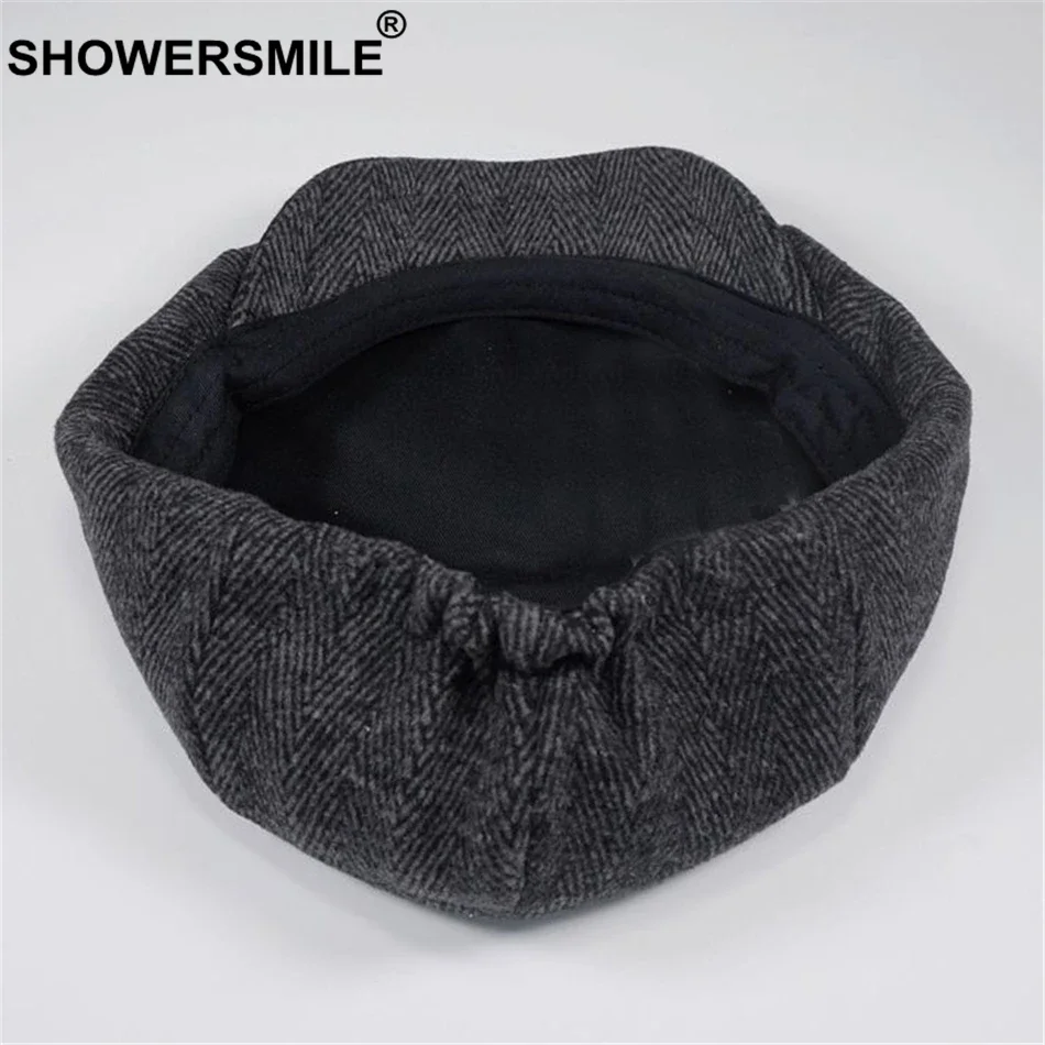 SHOWERSMILE Brand Wool Newsboy Caps Men Grey Herringbone Flat Caps Women Coffee British Brand Cap Autumn Winter Woolen Hats