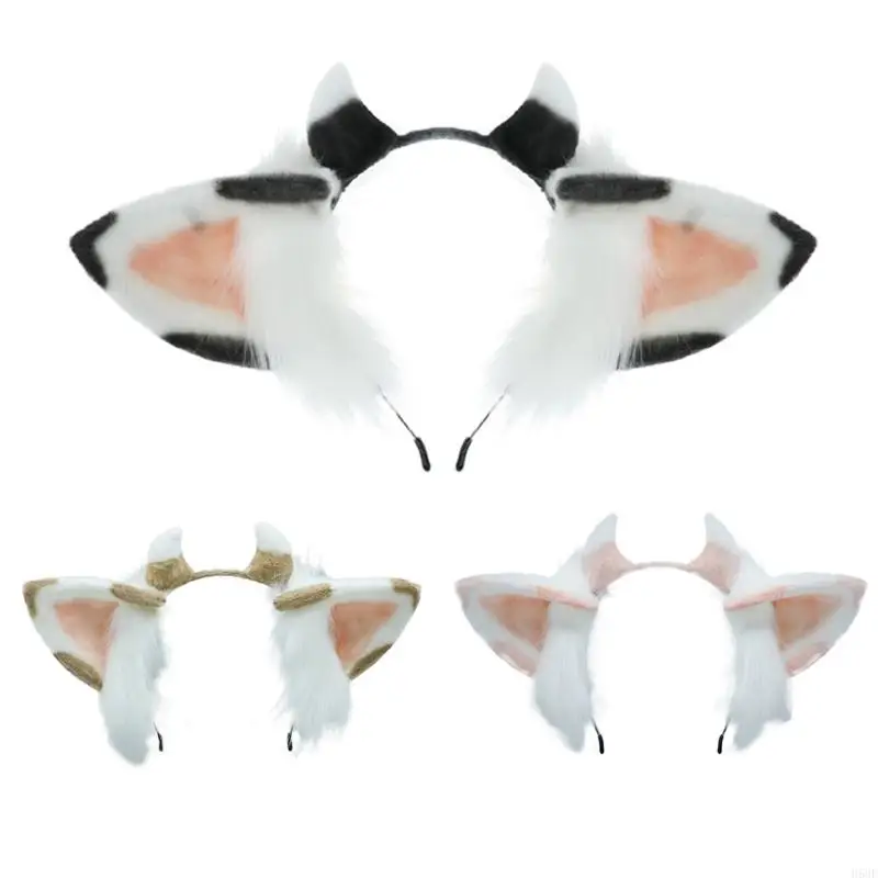 

H58E Faux Fur Ears Headwear Cow Ears Hair Hoop Cartoon Costume Halloween Animal Headband Cosplay Halloween Photo Prop