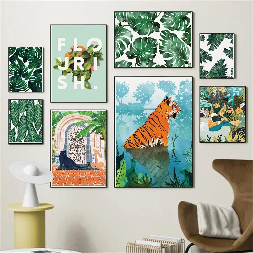 Jungle Landscape Canvas Poster Animal Leopard Tiger Print Painting Banana Leaves Forest River Girl Nordic Picture Decoration