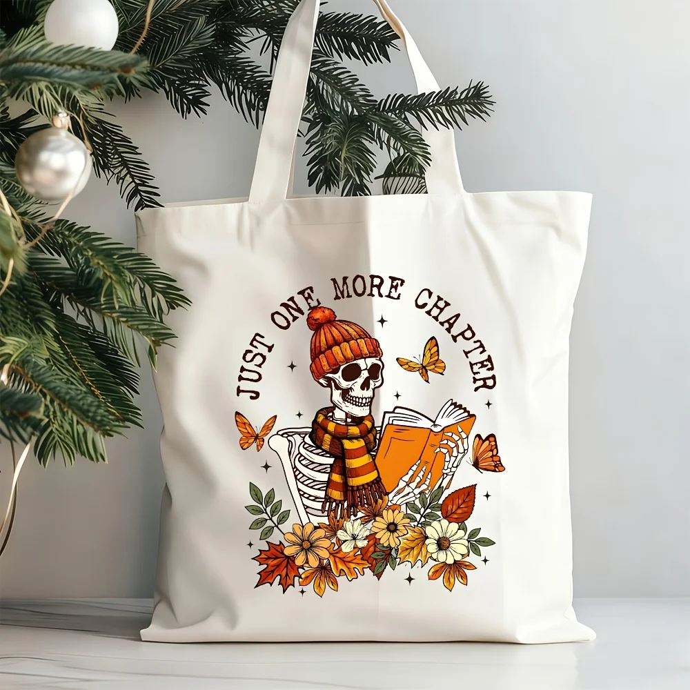 Book Lover Fall Carryall, Cozy Reading Skeleton with Autumn Florals, Durable Tote for Library & Everyday Use