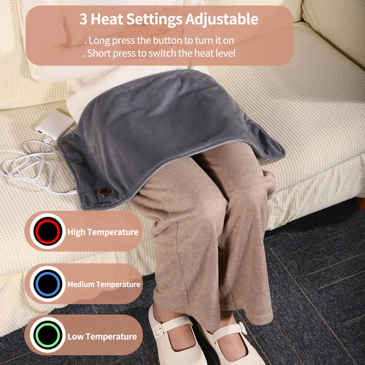 USB 5V Heating pads for Cramps & Back Pain Relief with 3 Heat Setting,Body Heat Pad with Auto Shut Off,23.6*11.8 Inch,Grey