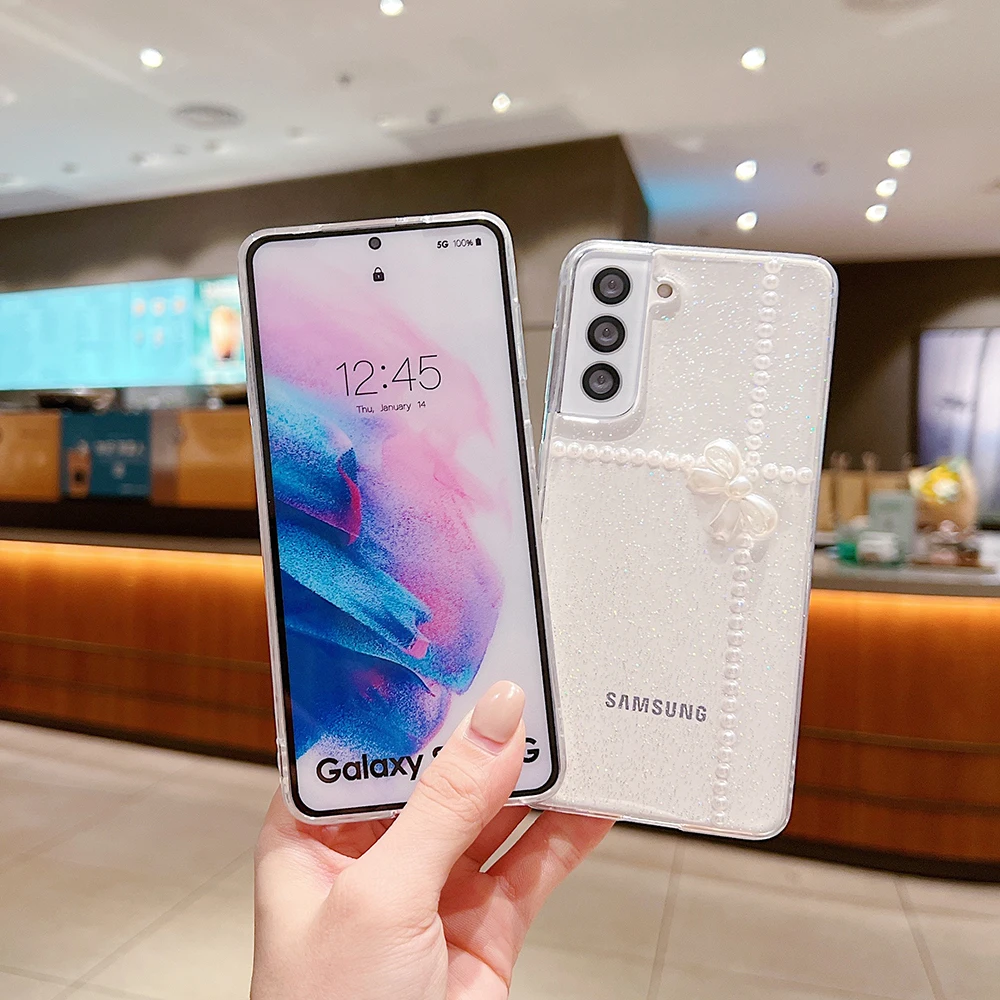 Pearl Bow Case for Samsung Galaxy S22 S21 S20 Ultra Plus FE A53 A73 A13 A52S A72 A32 Cover Clear Glitter Stars Soft Cover Shell