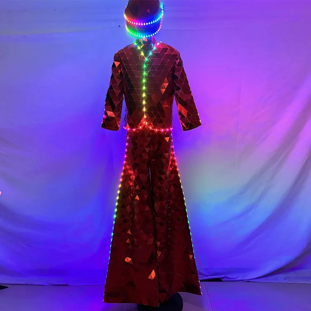 Hand Sewn LED Mirror Stilts Walker Costume Man Red Shiny Stage Show Performance Dance Party Suit Halloween Festival Best Gift