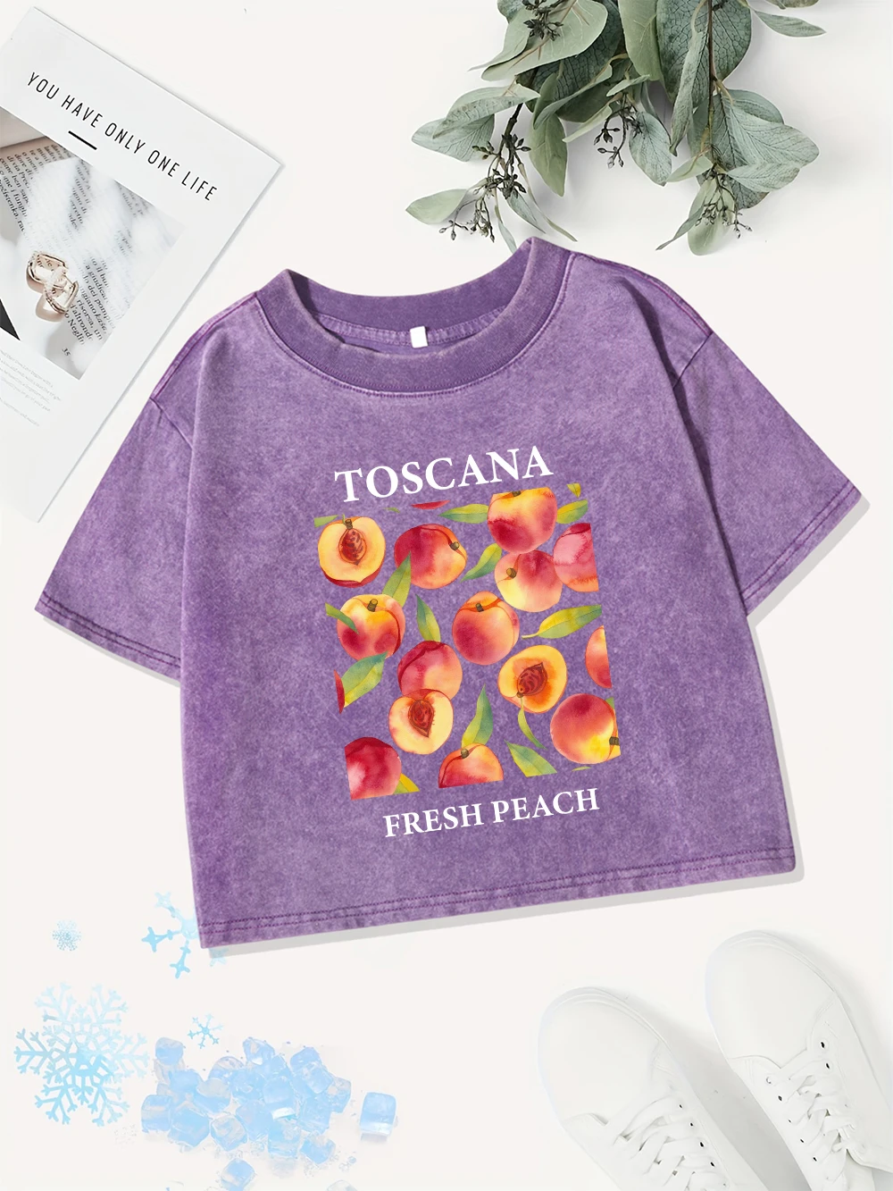 Casual Cotton Crop Tops Women Toscana Fresh Peach Printing Washed T-Shirt Street Regular Fit O-Neck Streetwear Summer Clothes