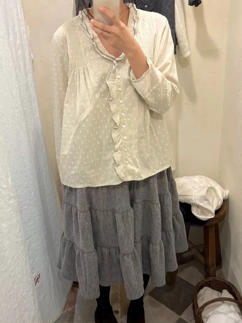 

Polka Dot Ruffle Collar Loose V Ne Women's irt Vintage Texture Gentle Sle Long Sve Breathable Comfortable