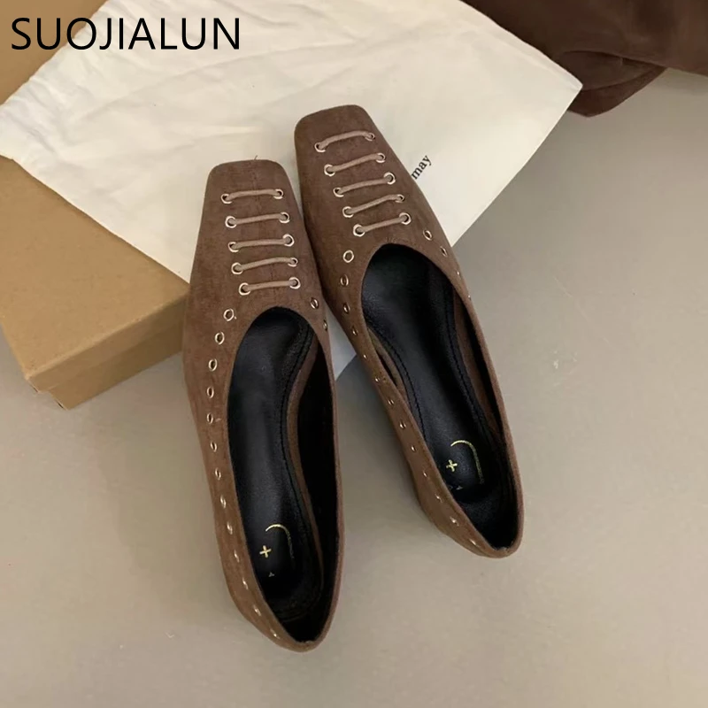 Suojialun outono nova marca feminina sapatos planos moda dedo do pé quadrado raso deslizamento em sapatos de barco macio salto plano senhoras elegante estilingue