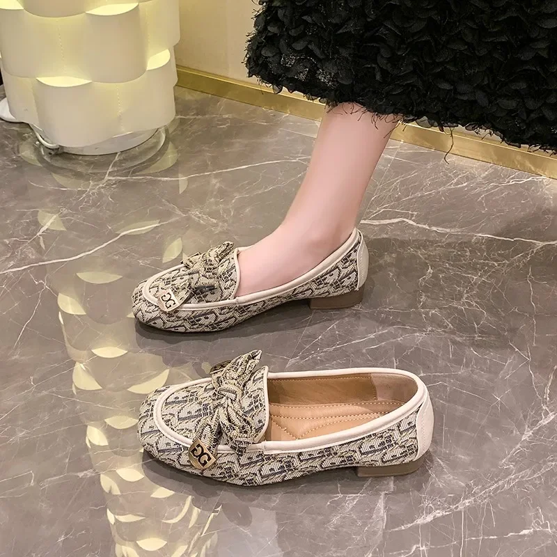 Women Bow Brand Loafers Print Random Square Heels Shoes 2024 Autumn New Fashion Ladies Casual Shoes Luxury Pumps Zapatos Mujer