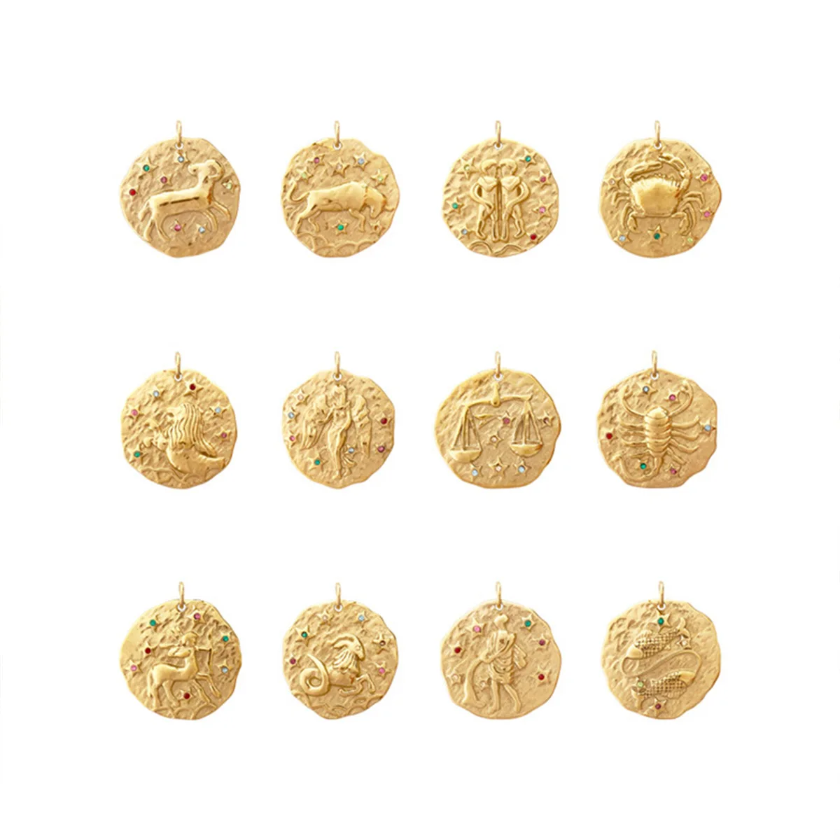 

Zodiac Sign Necklace for Women, 14K Gold Plated Stainless Steel Hammered Pendant with Zirconia, Handmade Horoscop Jewelry Gift