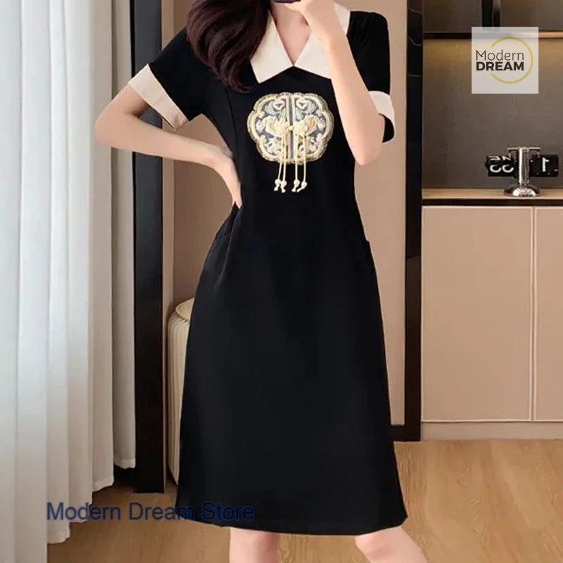 

New Chinese national style ice silk plus size dress female summer new fashion temperament casual loose waist slim long skirt.