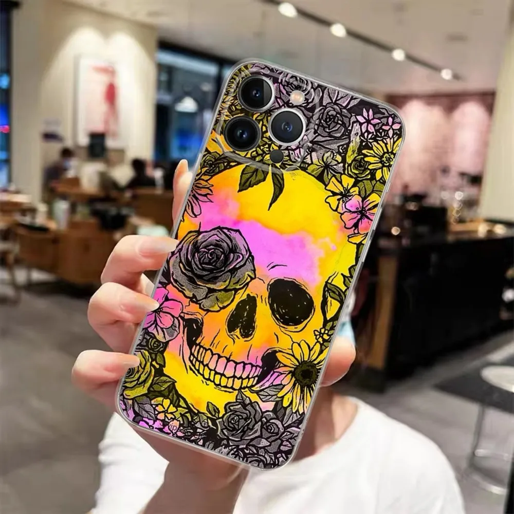

Dark Color Flower Skull Phone Case For iPhone 15 14 13 12 11 Pro Xs Max Mini XR X 7 8 Plus Transparency Funda Anti Drop Cover