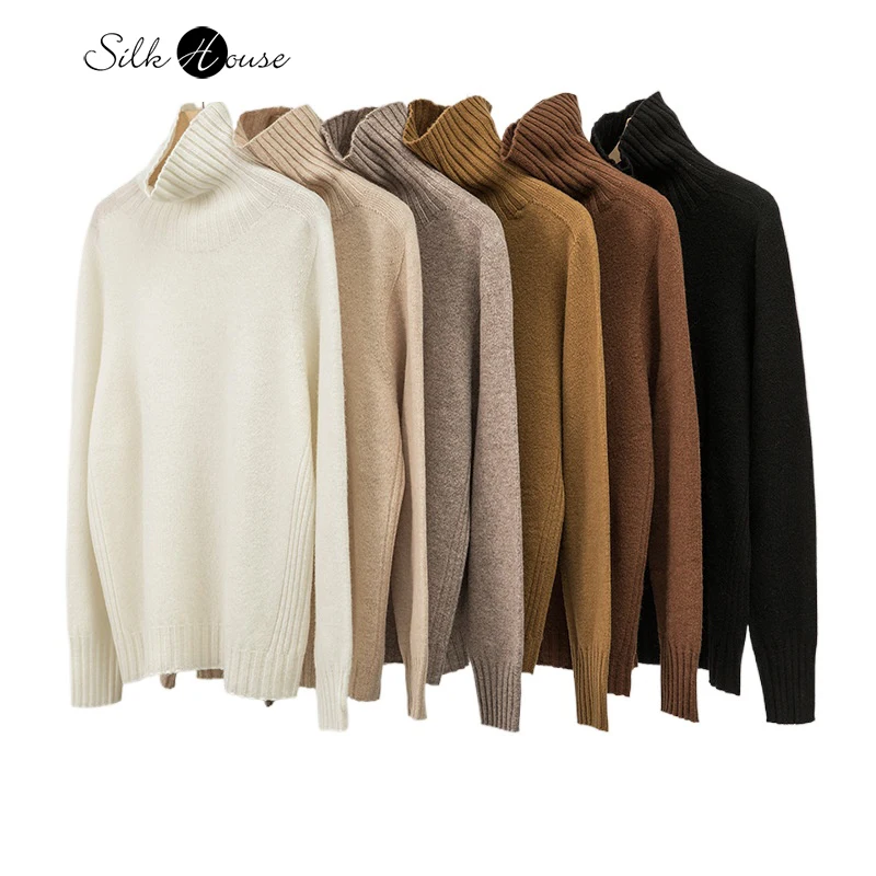 

2025 Women's Casual Autumn and Winter New 100% Wool High Neck Solid Color Long Sleeved Pullover Knitted Sweater