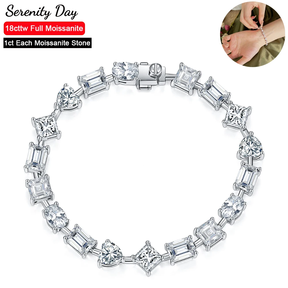 

18ct Irregular Full Moissanite Tennis Bracelet for Women Man 1ct Princess Heart Oval Emerald Cut S925 Silver Fine Jewelry Gift