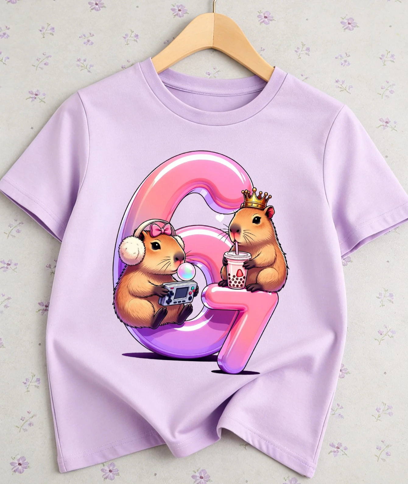 Girls' Round Neck T-Shirt, Number 6 And Capybara Cartoon Print, Casual Cute Girls' Top