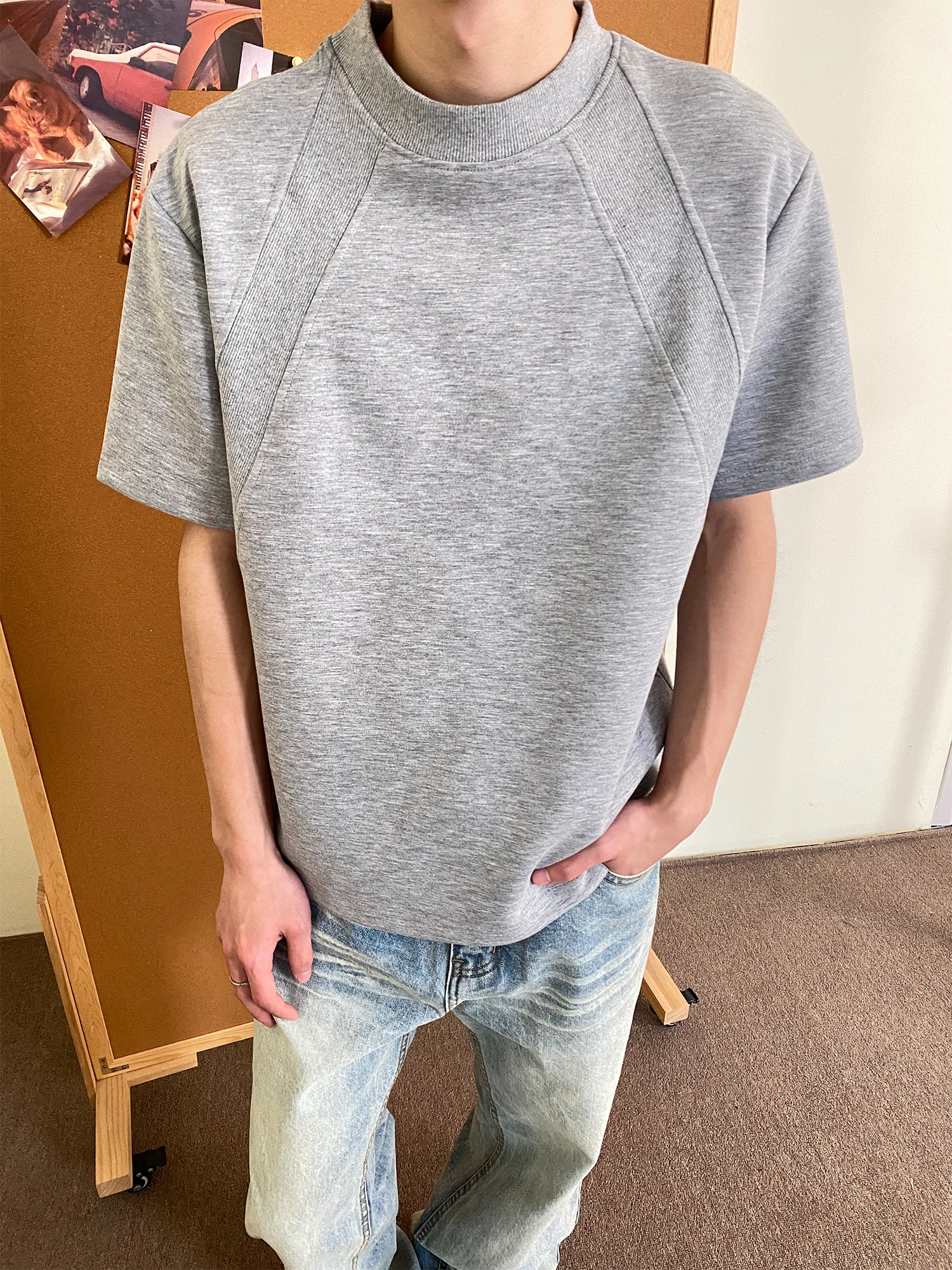 Gray T-Shirt Men's Summer American Heavyweight Boxy Short Sleeve Design Sense Correct Shoulder Half Sleeve Loose Fit Cotton
